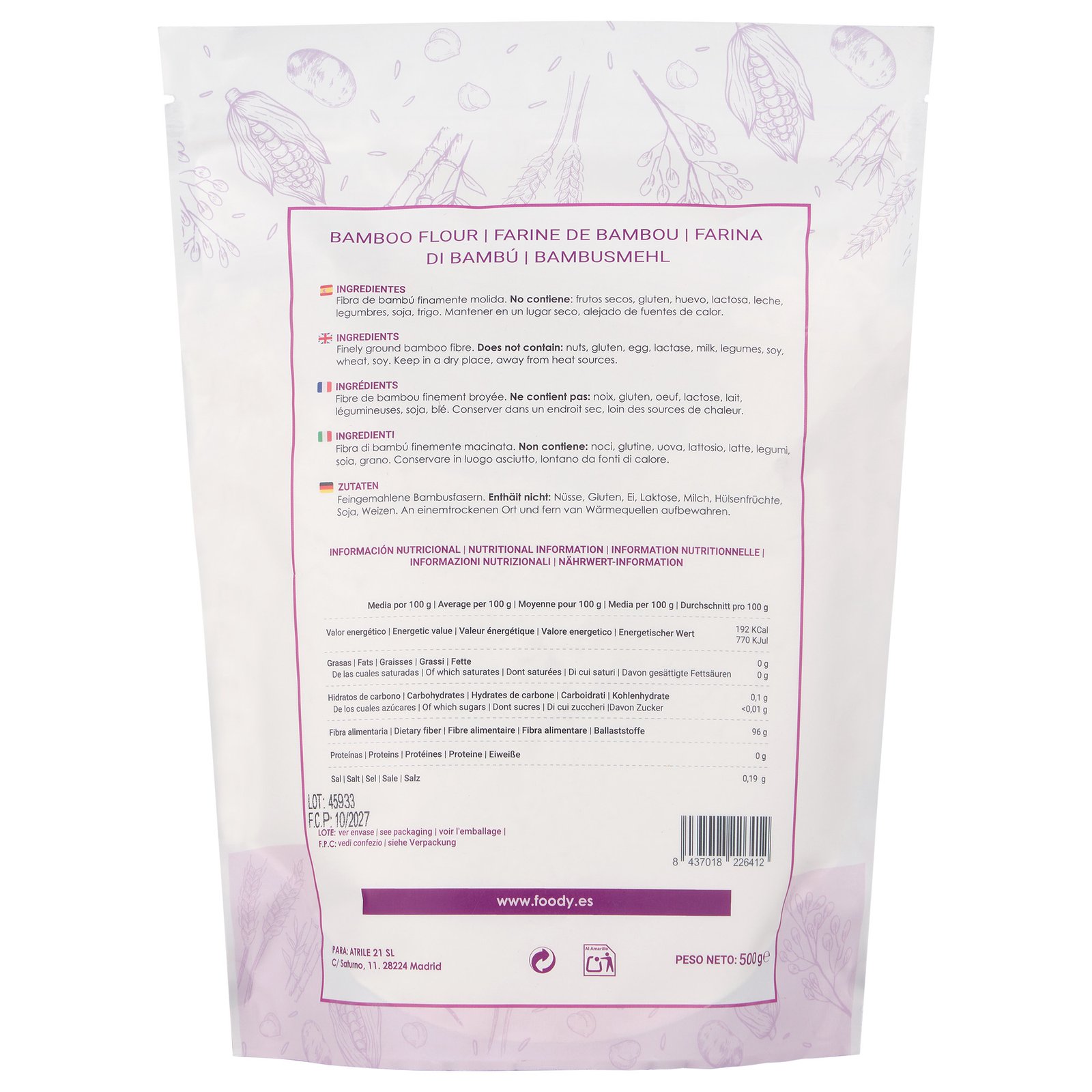 Fibra Harina de Bambu sin gluten, Especial Keto I Low Carb 500g - Imagen 2